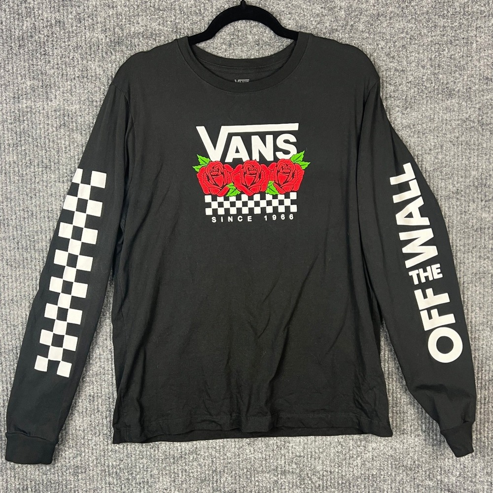 Y2K Skater Vans Roses Checkerboard Graphic Long Sleeve Black XL